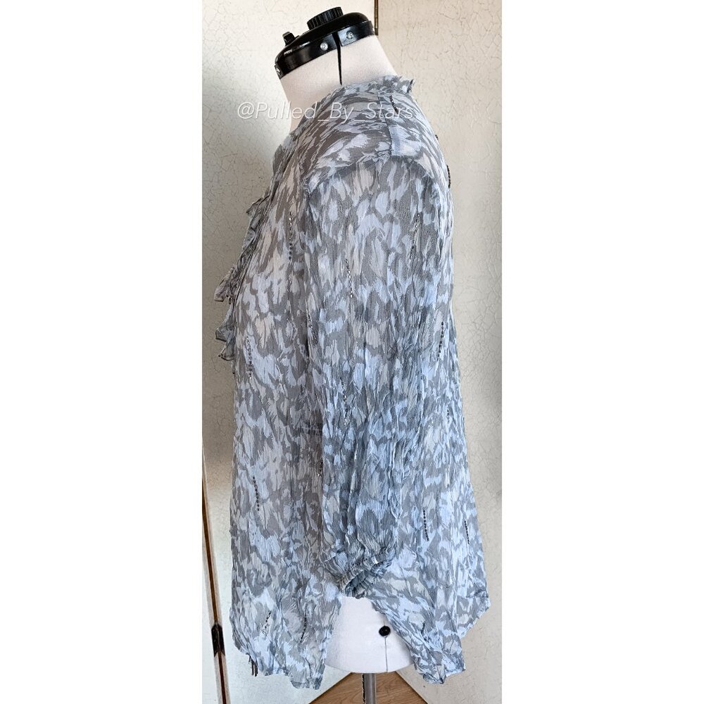 CHAN LUU Blue & Gray Sheer Viscose Blouse with Beaded Embellishments | Size M - Picture 8 of 14